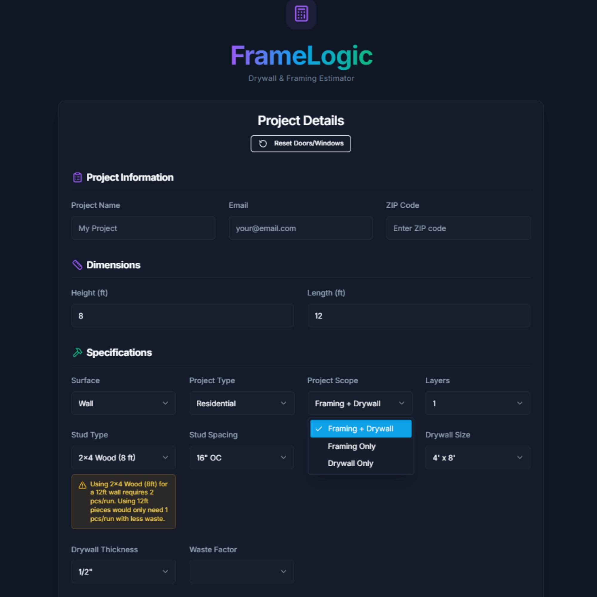 FrameLogic Dashboard - Material Estimate Report