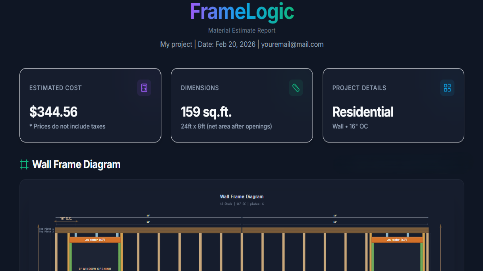 FrameLogic Dashboard - Material Estimate Report